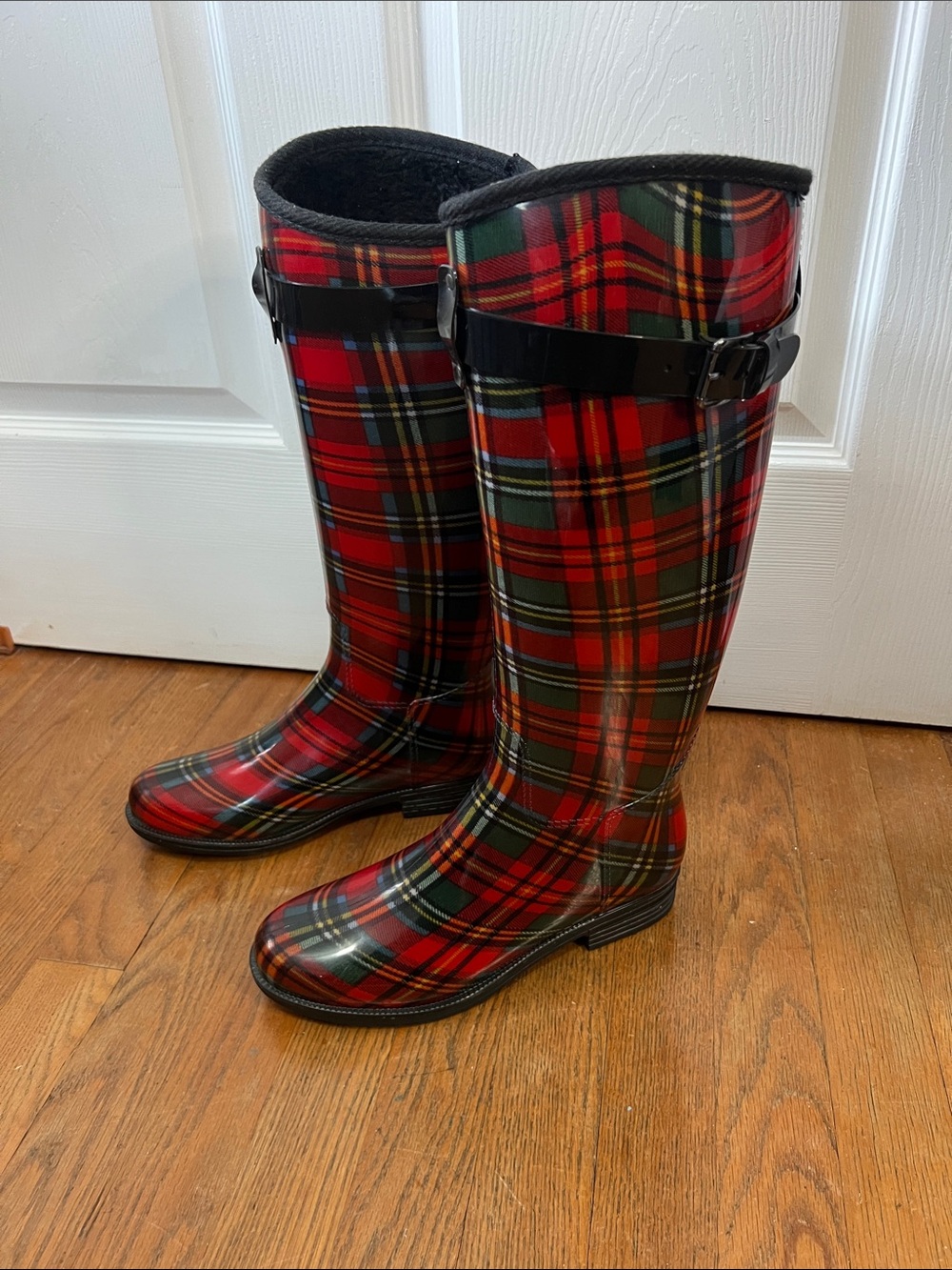 Women's Red Tartan Plaid Tall Fleece lined Rain Boots Sz 8